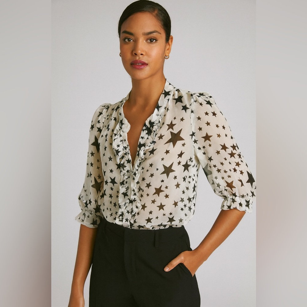Sheer Silk Star Print Blouse Ruffle Front Celestial Top Feminine Chic Shirt med